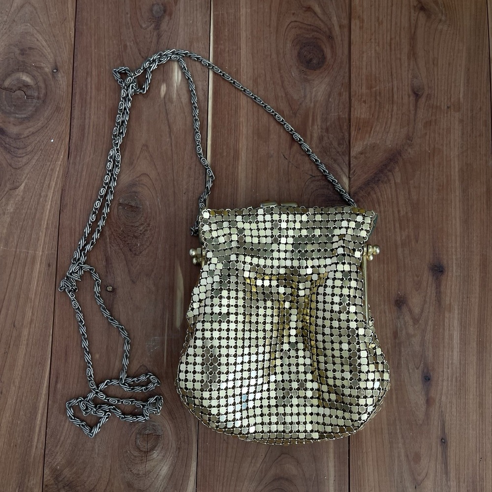 Vintage Gold Mesh Purse Bag  & Chain, Art Deco Vegas Evening Wedding Goldtone‎